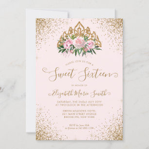 フローラピンク金ゴールドグリッターティアラスイート16誕生日 招待状