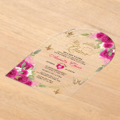 フローラピンク金ゴールドティアラバタフライキンセアニラアーチ アクリル招待状 (レイダウン)
