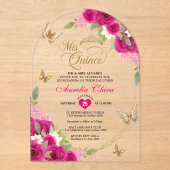 フローラピンク金ゴールドティアラバタフライキンセアニラアーチ アクリル招待状 (正面)