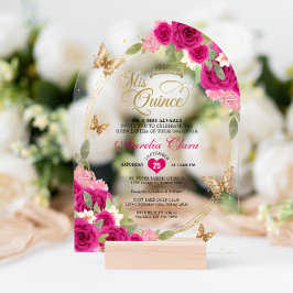 フローラピンク金ゴールドティアラバタフライキンセアニラアーチ アクリル招待状