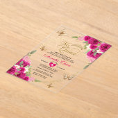 フローラピンク金ゴールドティアラバタフライミキンセアニラ アクリル招待状 (レイダウン)