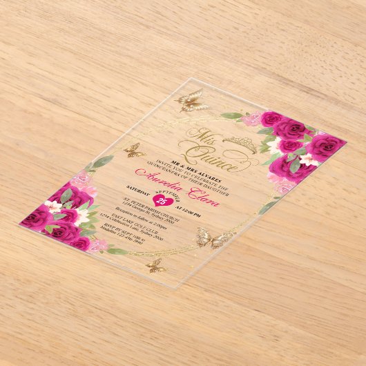 フローラピンク金ゴールドティアラバタフライミキンセアニラ アクリル招待状 (レイダウン)