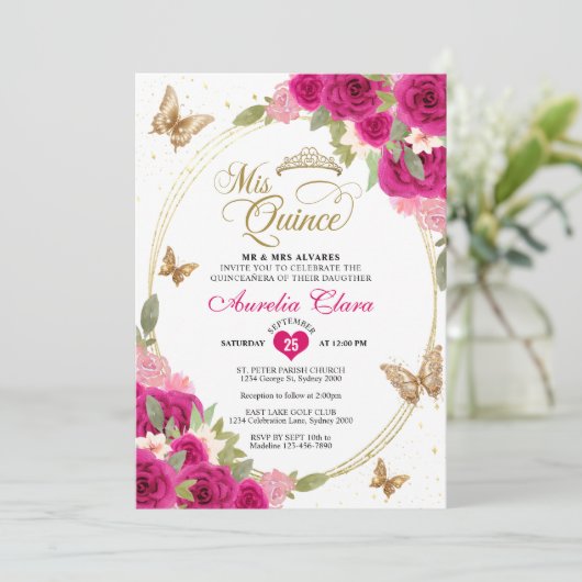 フローラピンク金ゴールドティアラバタフライミキンセアニラ 招待状 (スタンド正面)