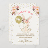 フローラピンク金ゴールドバニーベビーシャワーサンキューカード 招待状 (正面/裏面)