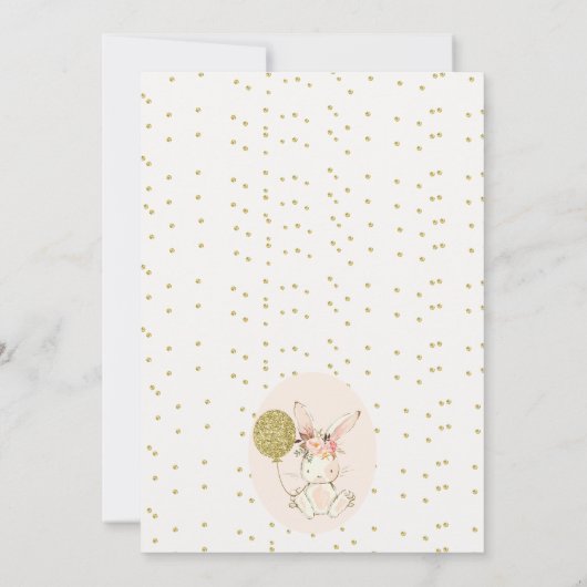 フローラピンク金ゴールドバニー誕生日招待状 招待状 (裏面)
