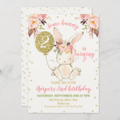 フローラピンク金ゴールドバニー誕生日招待状 招待状 (正面/裏面)