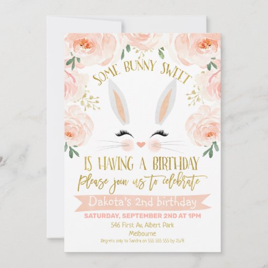 フローラピンク金ゴールドバニー顔誕生日招待状 招待状 (正面)