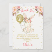 フローラピンク金ゴールドバニー1歳の誕生日サンキューカード 招待状 (正面)
