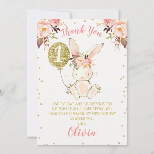 フローラピンク金ゴールドバニー1歳の誕生日サンキューカード 招待状 (正面)