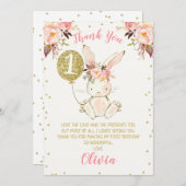 フローラピンク金ゴールドバニー1歳の誕生日サンキューカード 招待状 (正面/裏面)