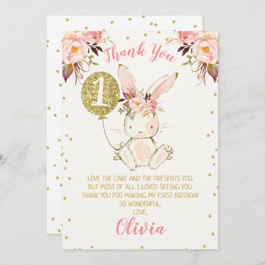 フローラピンク金ゴールドバニー1歳の誕生日サンキューカード 招待状 (正面/裏面)