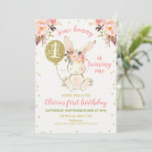 フローラピンク金ゴールドバニー1st誕生日招待状 招待状 (スタンド正面)