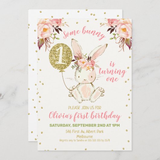 フローラピンク金ゴールドバニー1st誕生日招待状 招待状 (正面/裏面)