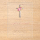フローラピンク金ゴールドバラクロスガールバプテスマ アクリル招待状 (正面)
