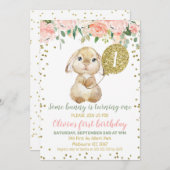 フローラピンク金ゴールドバルーンフワフワBunny 1st誕生日 招待状 (正面/裏面)