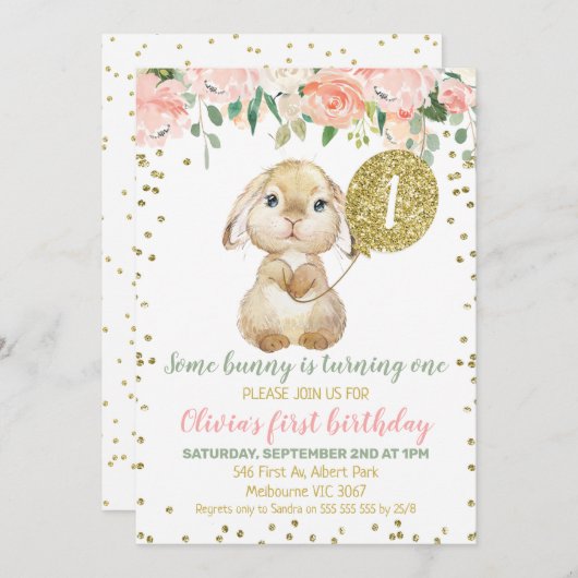 フローラピンク金ゴールドバルーンフワフワBunny 1st誕生日 招待状 (正面/裏面)