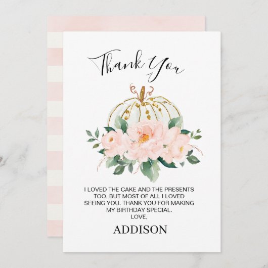 フローラピンク金ゴールドパンプキン誕生日サンキューカード 招待状 (正面/裏面)