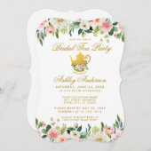 フローラピンク金ゴールドブライダルシャワーティーパーティー招待状B 招待状 (正面/裏面)