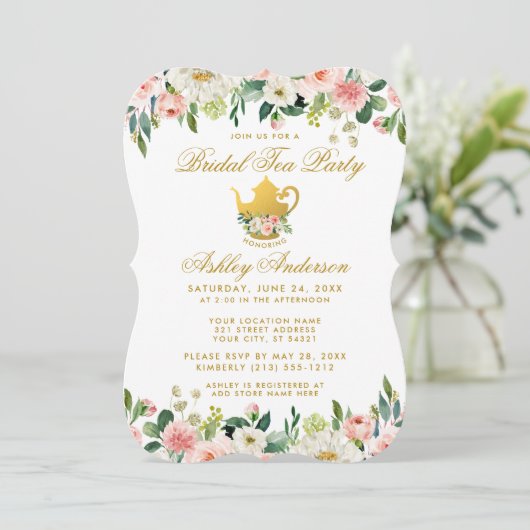フローラピンク金ゴールドブライダルシャワーティーパーティー招待状B 招待状 (スタンド正面)