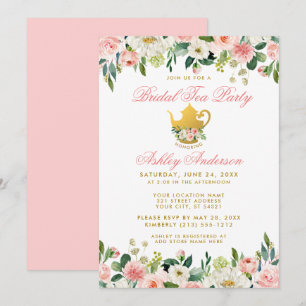 フローラピンク金ゴールドブライダルシャワーティーパーティー招待状Pk 招待状