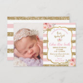 フローラピンク金ゴールドベビーガール誕生写真 案内状 (正面/裏面)