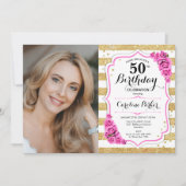 フローラピンク金ゴールド白写真第50誕生日 招待状 (正面)