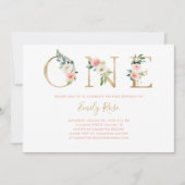 フローラピンク金ゴールド1st誕生日パーティの招待状 招待状 (正面)