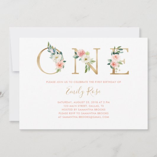 フローラピンク金ゴールド1st誕生日パーティの招待状 招待状 (正面)