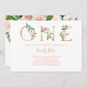 フローラピンク金ゴールド1st誕生日パーティの招待状 招待状 (正面/裏面)