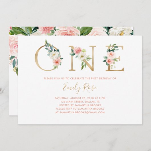 フローラピンク金ゴールド1st誕生日パーティの招待状 招待状 (正面/裏面)