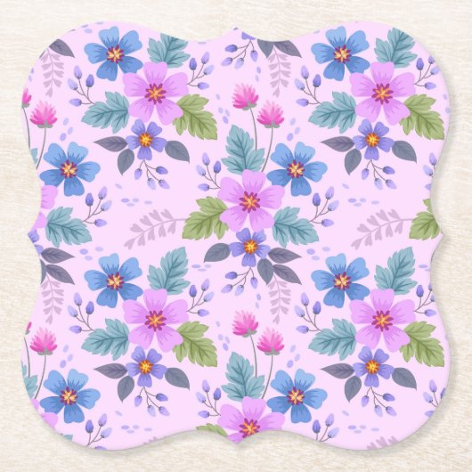フローラピンク青紫の花パターン–36841 ペーパーコースター (正面)