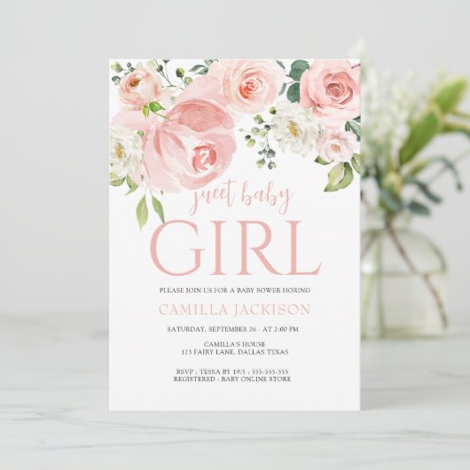 フローラピンク黄色の女の子の赤ちゃんシャワー歓迎サイン 招待状 (スタンド正面)