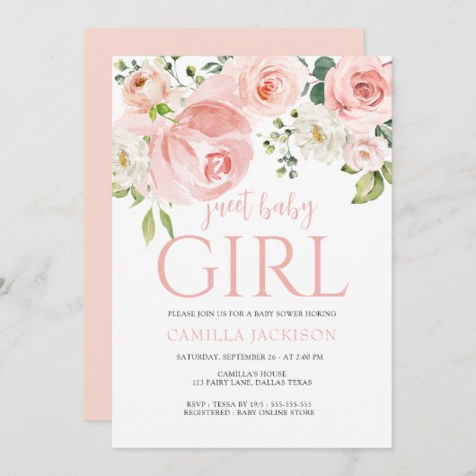 フローラピンク黄色の女の子の赤ちゃんシャワー歓迎サイン 招待状 (正面/裏面)