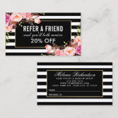 フローラピンク黒と白の紹介ストライプの 名刺 (正面/裏面)