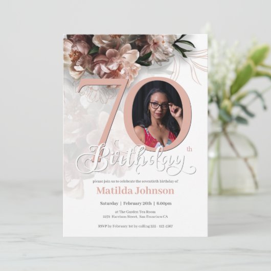 フローラピンク70誕生日エレガントカスタム写真 招待状 (スタンド正面)