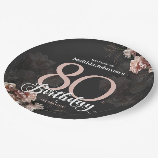 フローラピンク80誕生日 ペーパープレート (アングル)