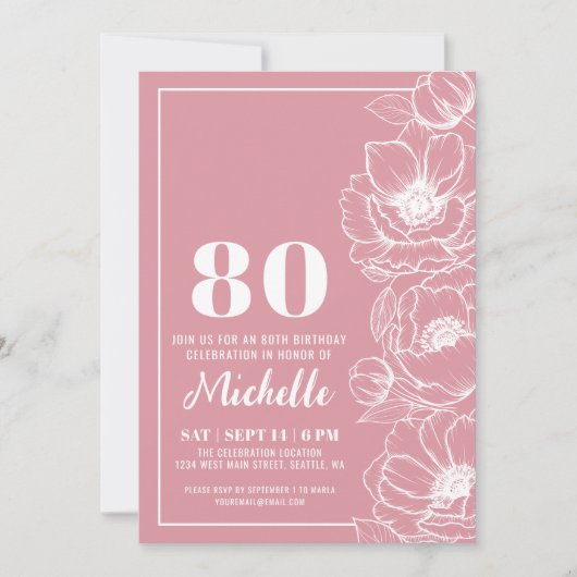 フローラピンク80誕生日 招待状 (正面)