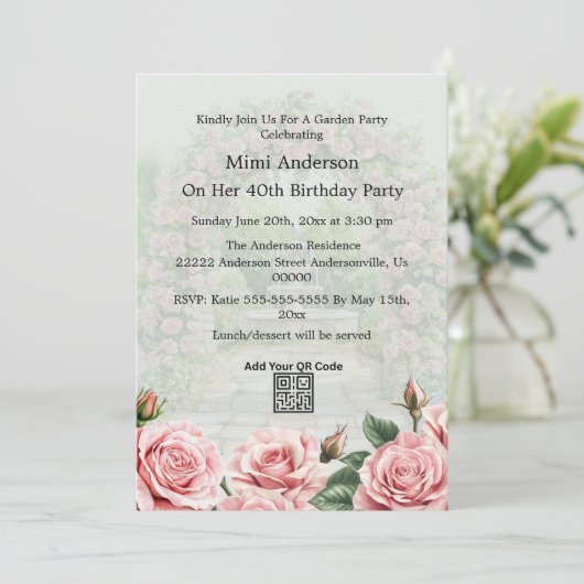 フローラピンク/グリーンガーデンパーティー誕生日招待状 招待状 (スタンド正面)