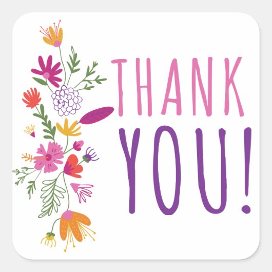 フローラピンク&パープルありがとうお水の色の花 スクエアシール (正面)