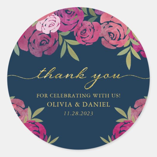フローラピンク&パープルバラブルーサンキュー ラウンドシール (正面)