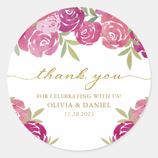 フローラピンク&パープル水彩バラ有難う ラウンドシール (正面)