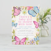 フローラピンク/ブルー/金ゴールド蝶少女ベビーシャワー 招待状 (スタンド正面)