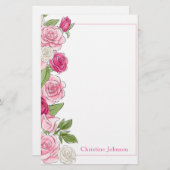 フローラピンク&ホワイトローズパーソナライズされた 便箋 (正面/裏面)