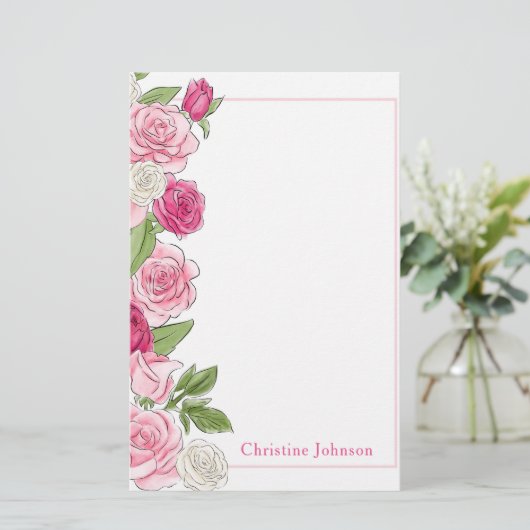 フローラピンク&ホワイトローズパーソナライズされた 便箋 (スタンド正面)
