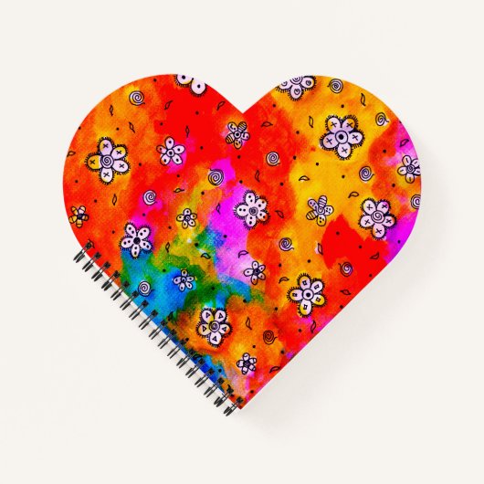 フローラピンク、赤、白の水彩ハートノートブック ノートブック (正面)