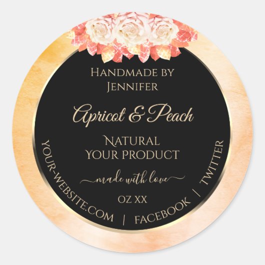 フローラピーコサンゴ大理石と黒の製品ラベル ラウンドシール (正面)