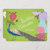 フローラピーコックオングリーンリネン誕生日招待状 招待状 (正面/裏面)