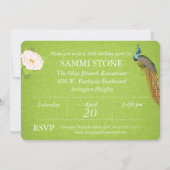 フローラピーコックオングリーンリネン誕生日招待状 招待状 (裏面)