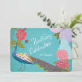 フローラピーコックオンブルーリネン誕生日招待状 招待状 (スタンド正面)