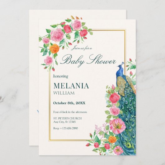 フローラピーコックベビーシャワー招待状 招待状 (正面/裏面)